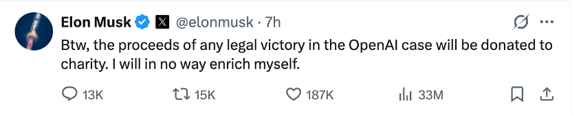  马斯克诉讼OpenAI的最新表态；收益将全数捐献慈善。 IT技术 马斯克诉讼OpenAI的最新表态；收益将全数捐献慈善。 IT技术 马斯克诉讼OpenAI的最新表态；收益将全数捐献慈善。 IT技术